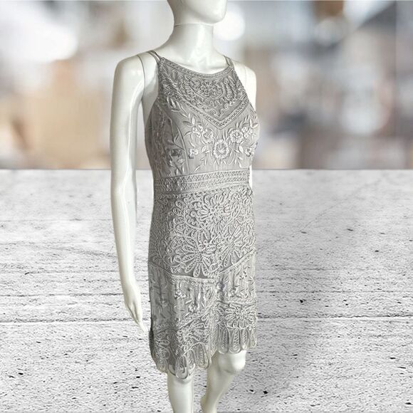 Sue Wong Silver Embroidered Spaghetti Strap Dress - Picture 1 of 7